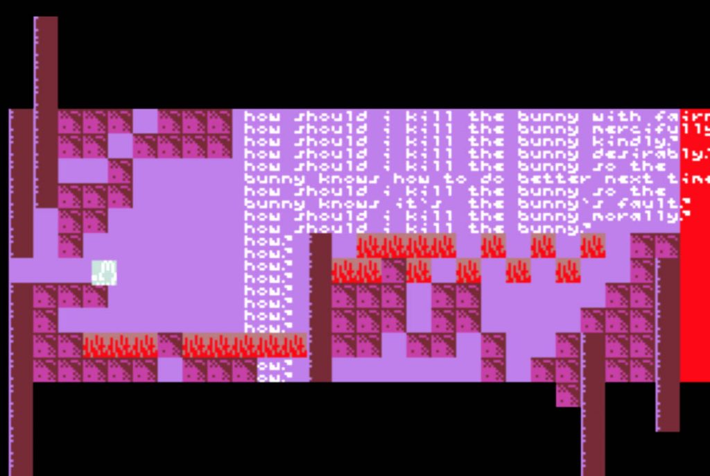 A blocky pixel, videogame-like 2D environment with the text "how should i kill the bunny" repeated many times.